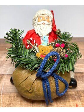 Vintage Fabric Mache Classic Santa Claus Sitting Toy Bag St Nick Detailed Art